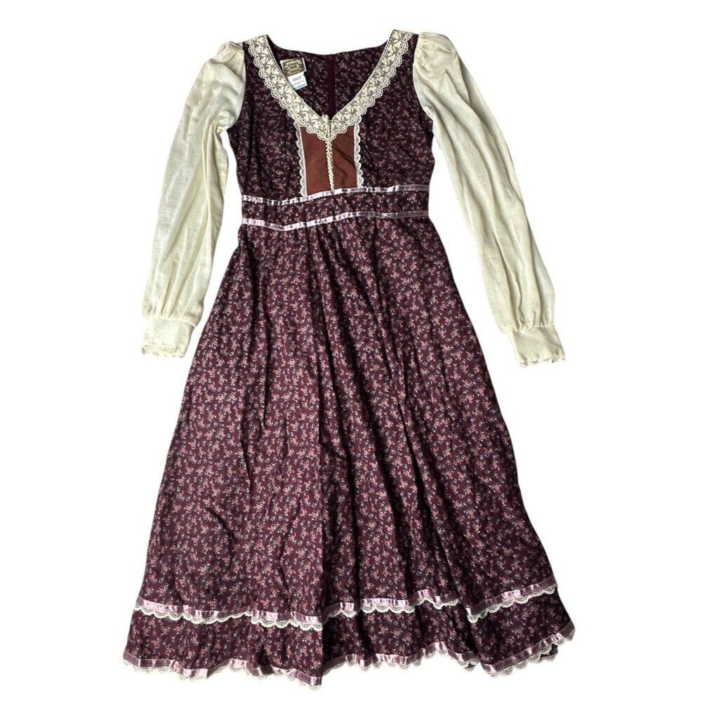 Gunne Sax by Jessica RARE 1970s Vintage Dress Burgundy Calico Midi Dress Size 9